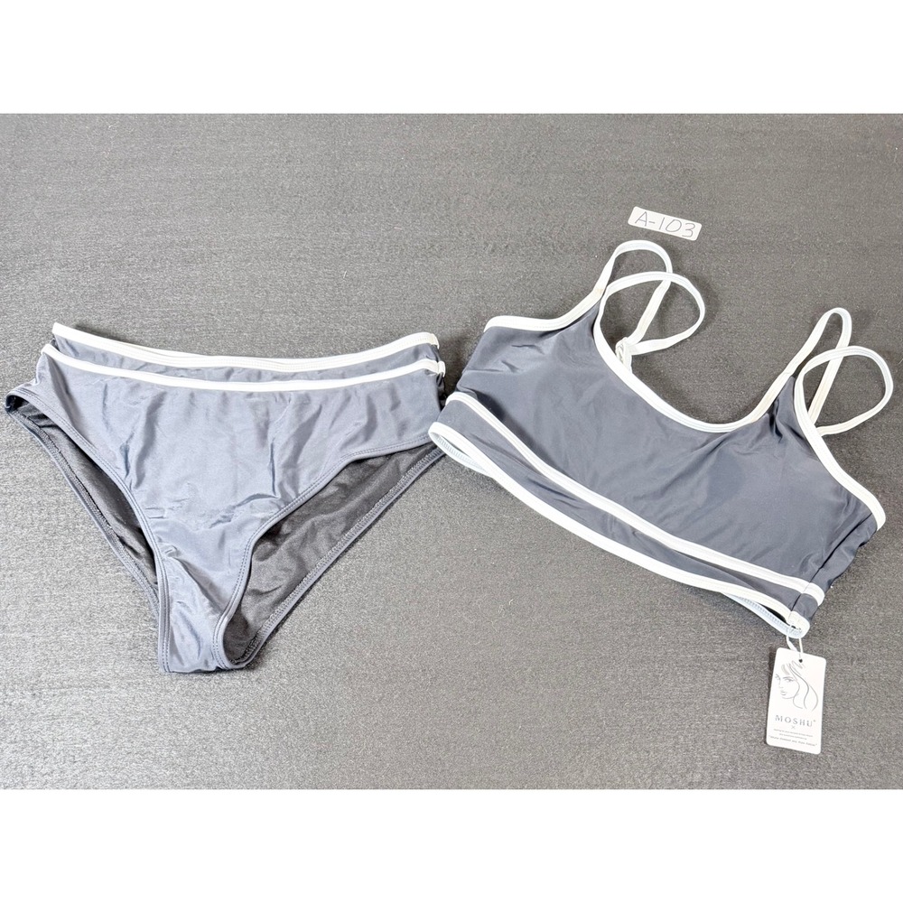 Moshu Womens Grey Two Piece Bikini Set White Trim High Waist Sporty Swimsuit L